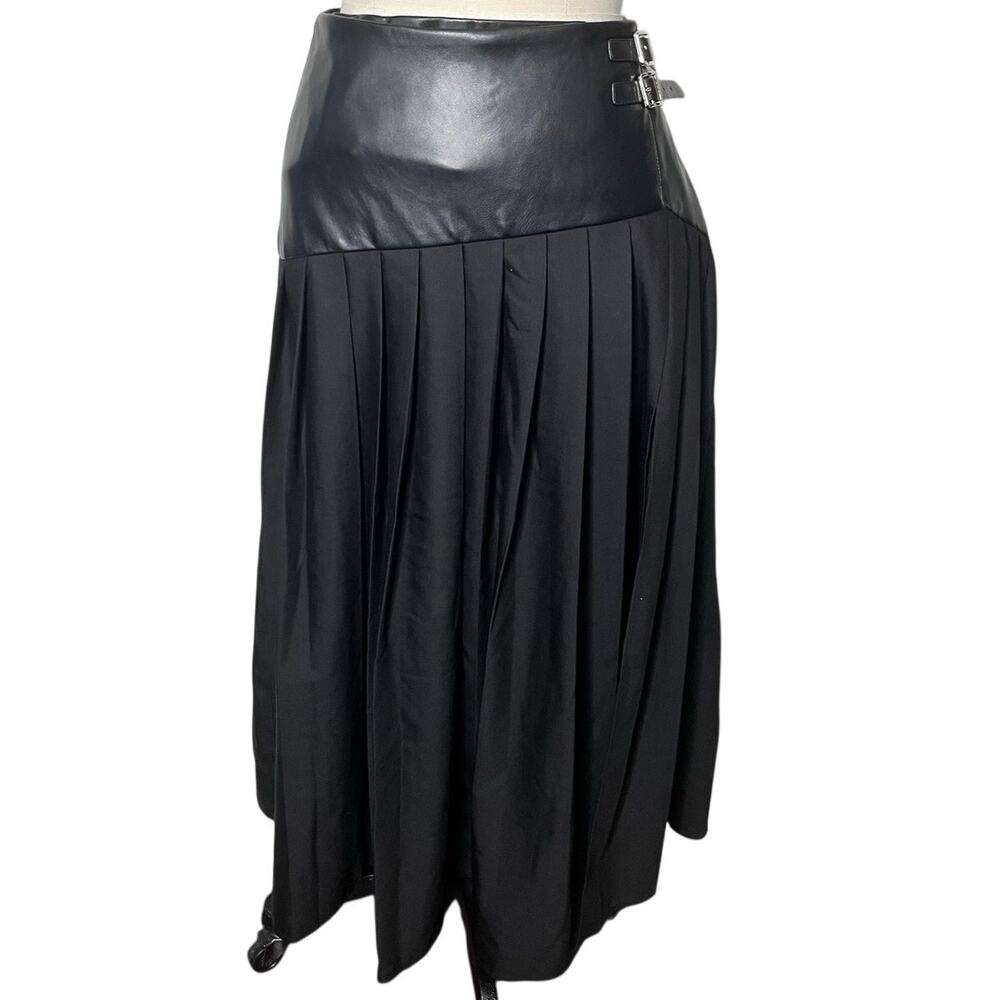 COMMENSE Buckle Detail Faux Leather Panel Pleated Midi Skirt Black Size Large